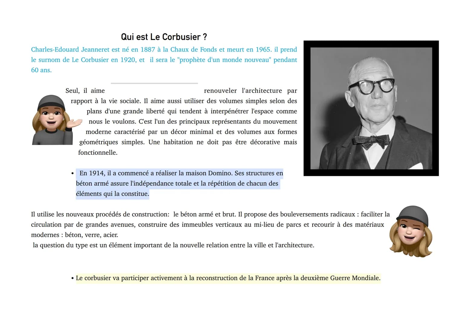 Qui est Le Corbusier ?
Charles-Edouard Jeanneret est né en 1887 à la Chaux de Fonds et meurt en 1965. il prend
le surnom de Le Corbusier en 