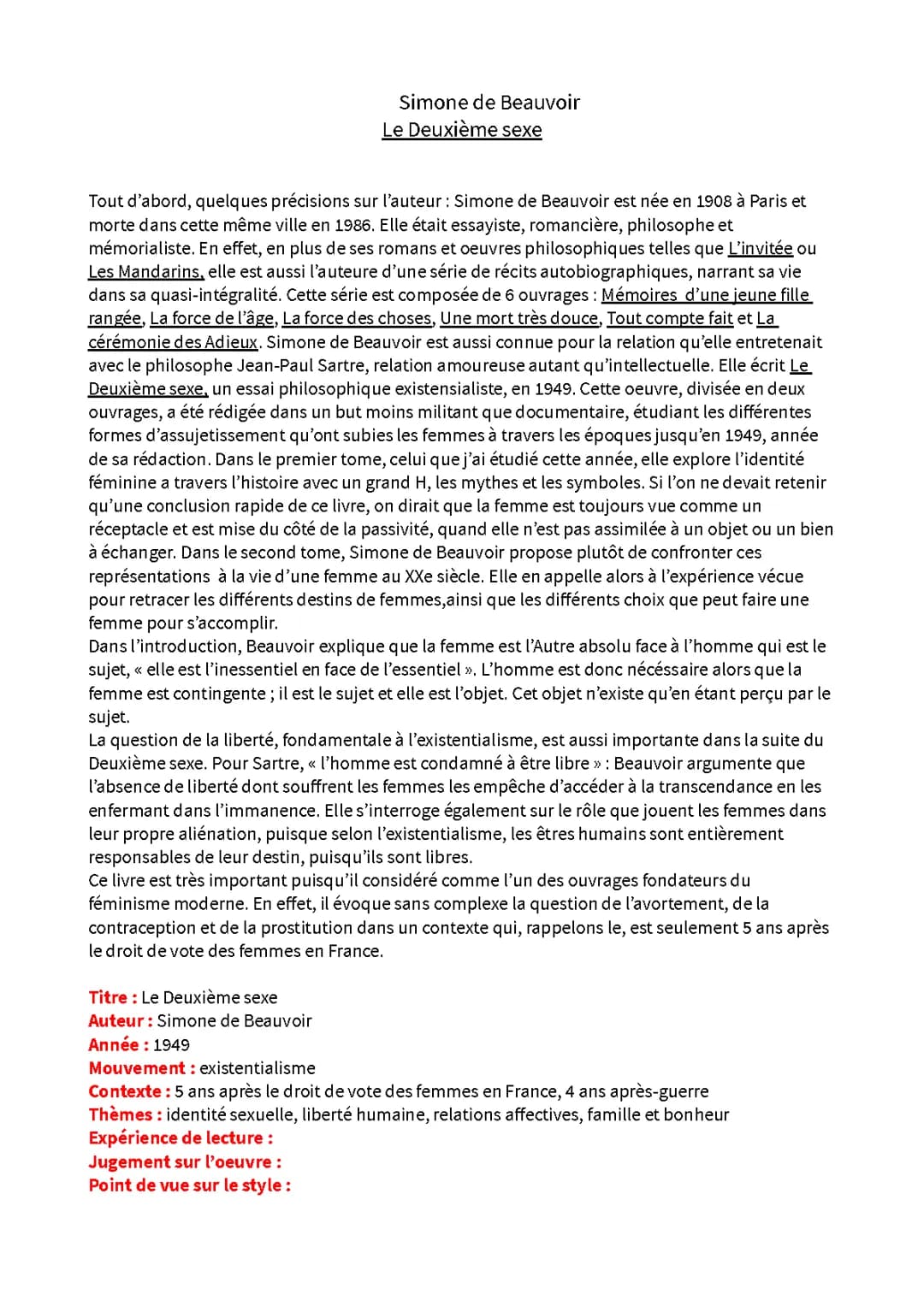 Le Deuxième Sexe - Seconde partie de l’oral de Français