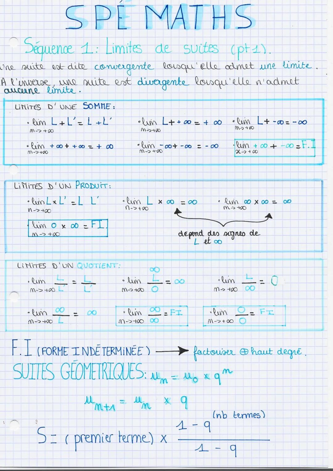SPE MATHS
Séquence 1: Limites de suites (pt1).
i'ne suite est dite convergente loisqu'elle admet une limite.
A l'inverse, une suite est dive