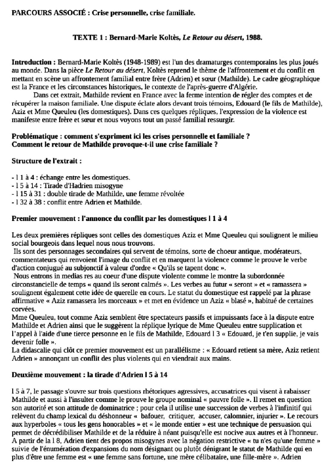 Le Retour au désert Analyse Linéaire et Résumé