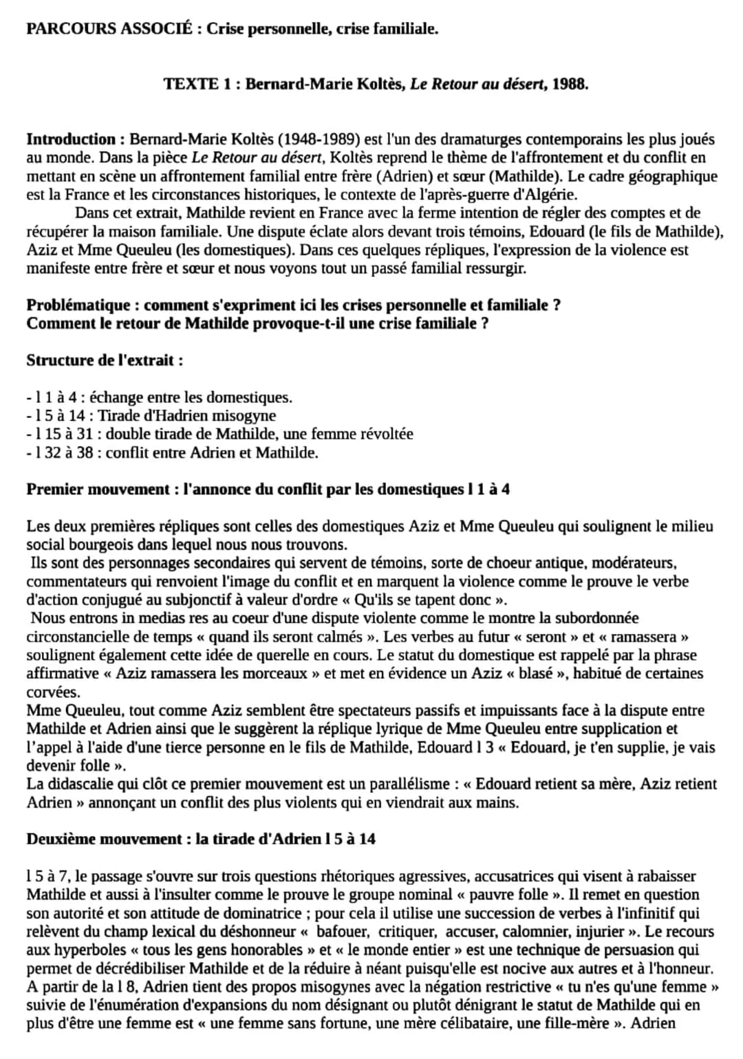 PARCOURS ASSOCIÉ : Crise personnelle, crise familiale.
TEXTE 1: Bernard-Marie Koltès, Le Retour au désert, 1988.
Introduction : Bernard-Mari