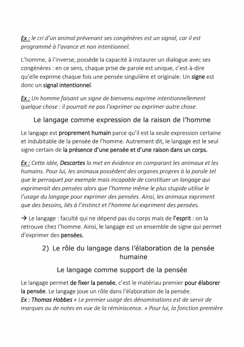 Le langage
1) Le langage, propre de l'homme
Le langage désigne la parole humaine et s'oppose à la communication
animale. C'est l'expression 