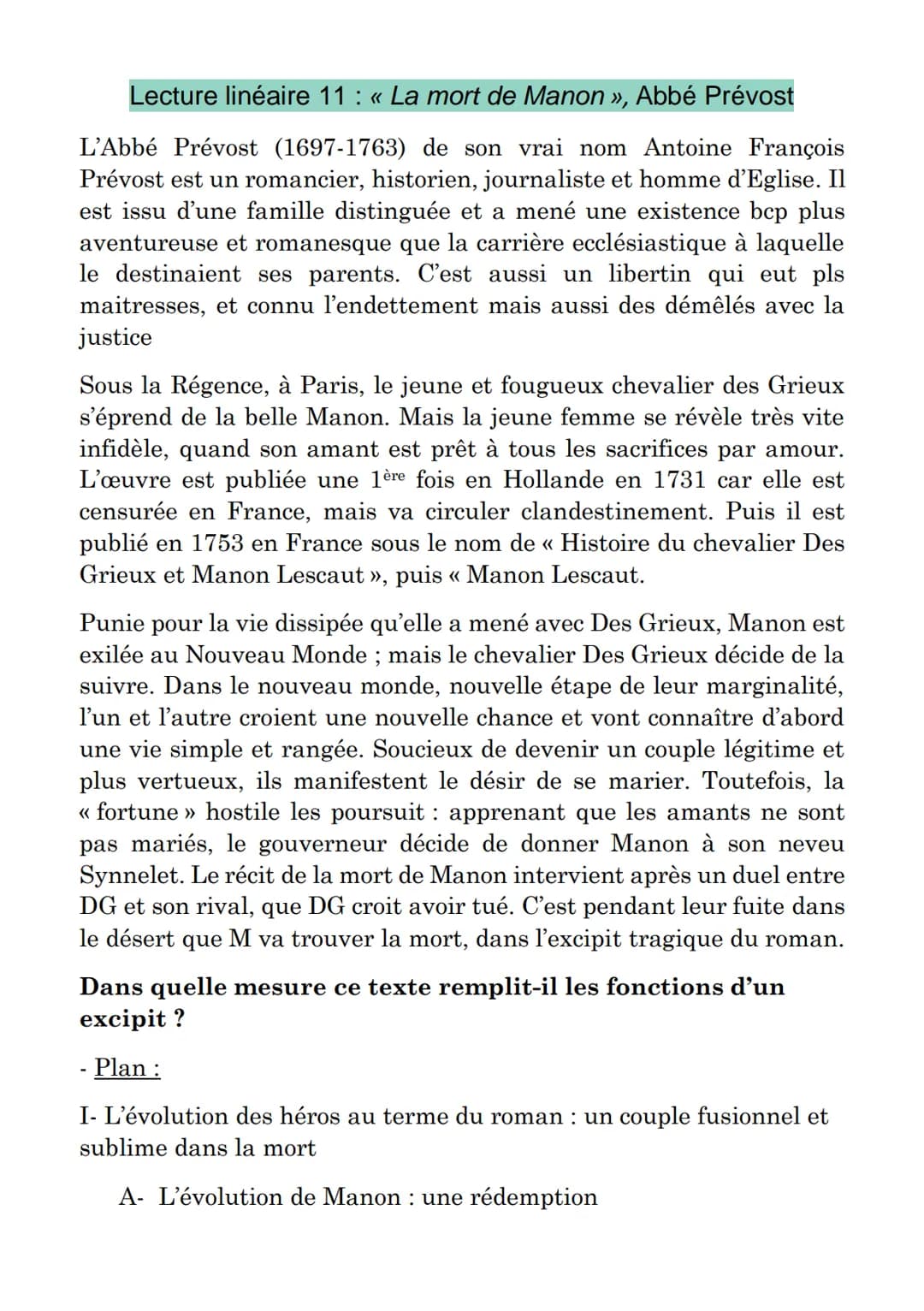 Lecture linéaire 11 : « La mort de Manon », Abbé Prévost
L'Abbé Prévost (1697-1763) de son vrai nom Antoine François
Prévost est un romancie