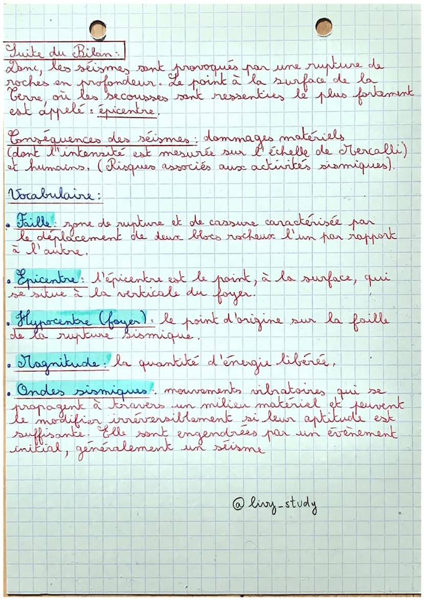 SV T
activité 3 : L'origine des séismes
Schema bilan
Déplacement brusque
entre 2 blocs rocheux.
failles
Accumulation d'énergie
Rupture entre