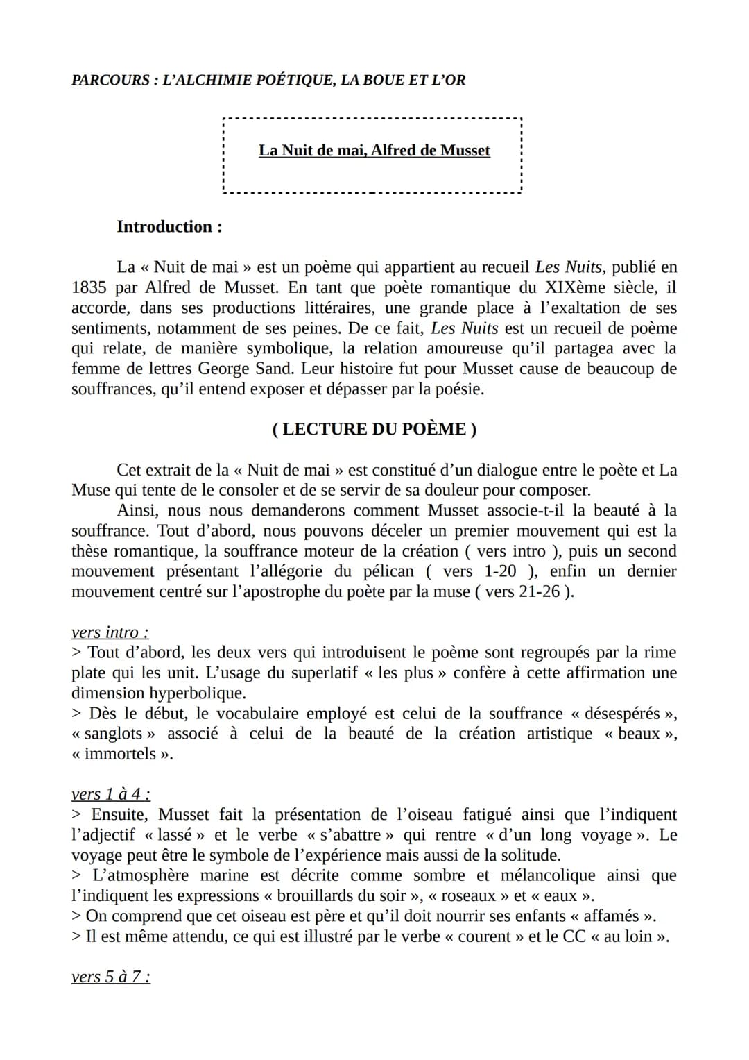 PARCOURS: L'ALCHIMIE POÉTIQUE, LA BOUE ET L'OR
Introduction :
La Nuit de mai, Alfred de Musset
La << Nuit de mai » est un poème qui appartie