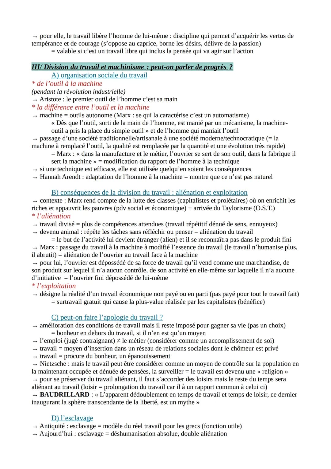 LE TRAVAIL ET LA TECHNIQUE
→ le travail = transformation de la nature dans un sens utile à l'homme, c'est à dire en vue de la
satisfaction d