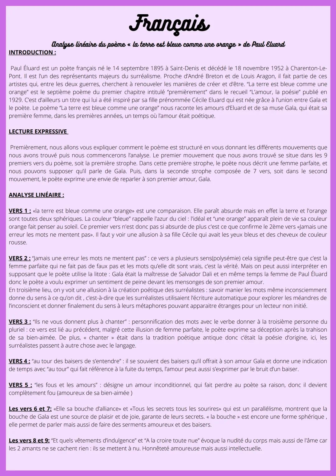Français
analyse linéaire du poème « la terre est bleue comme une orange » de Paul Eluard
INTRODUCTION :
Paul Éluard est un poète français n