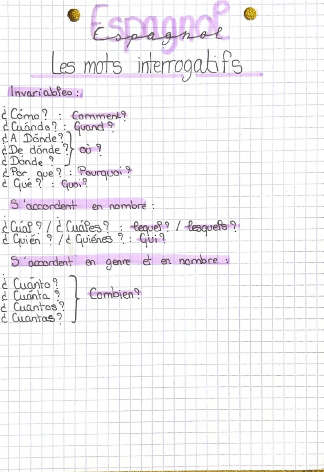Espagnol
Les mots interrogatifs
Invariables :)
¿Cómo? Comment?
¿Cuando?
Guand ?
¿A Dónde?
¿De dónde? Où ?
ού
¿Dónde?
Por
que e? : Pourquoi ?