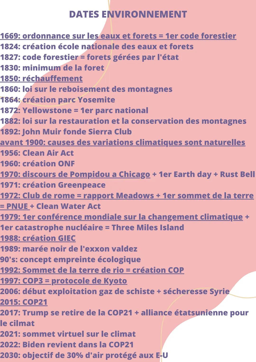 # DATES ENVIRONNEMENT
1669: ordonnance sur les eaux et forets = 1er code forestier
1824: création école nationale des eaux et forets
1827: c