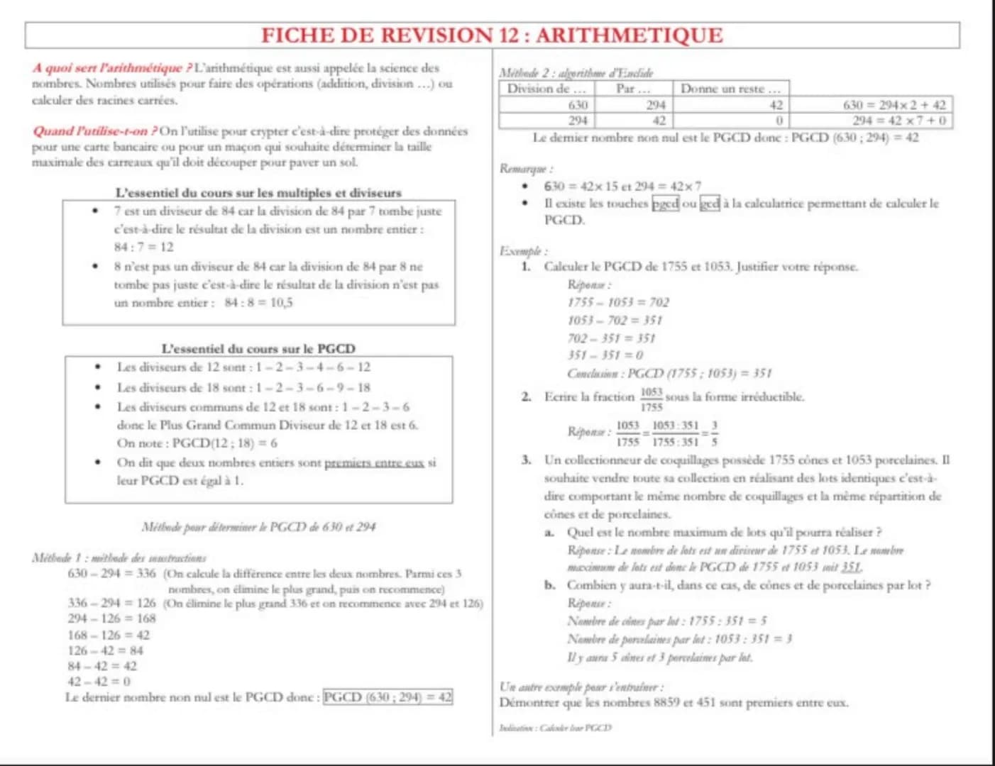 FICHE DE REVISION 12: ARITHMETIQUE
A quoi sert l'arithmétique ? L'arithmétique est aussi appelée la science des
nombres. Nombres utilisés po