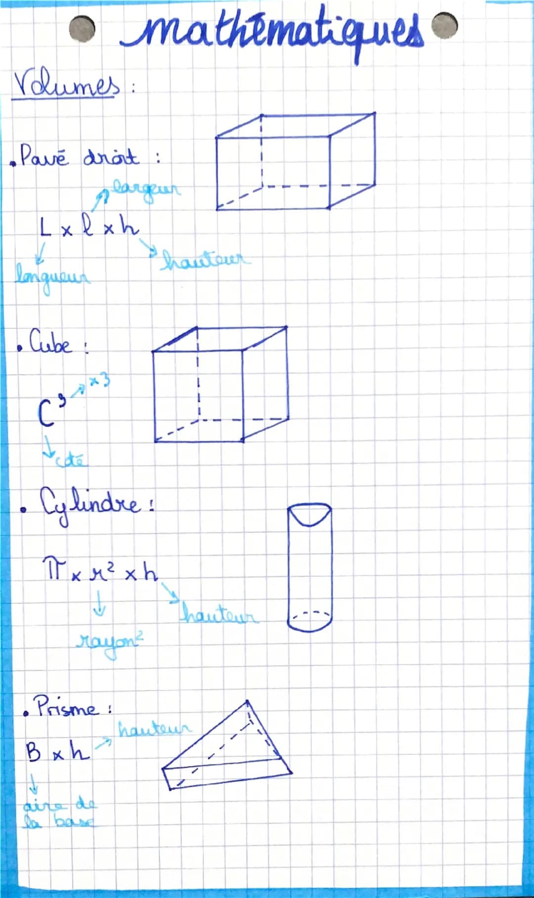 • mathématiques •
Volumes:
•Pavé droit :
plargeur
Lxlxh
longueur
Cube!
hauteur
cate
Cylindre:
π x M² xh
↓
hauteur
rayon?
Prisme:
hauteur
Bxh