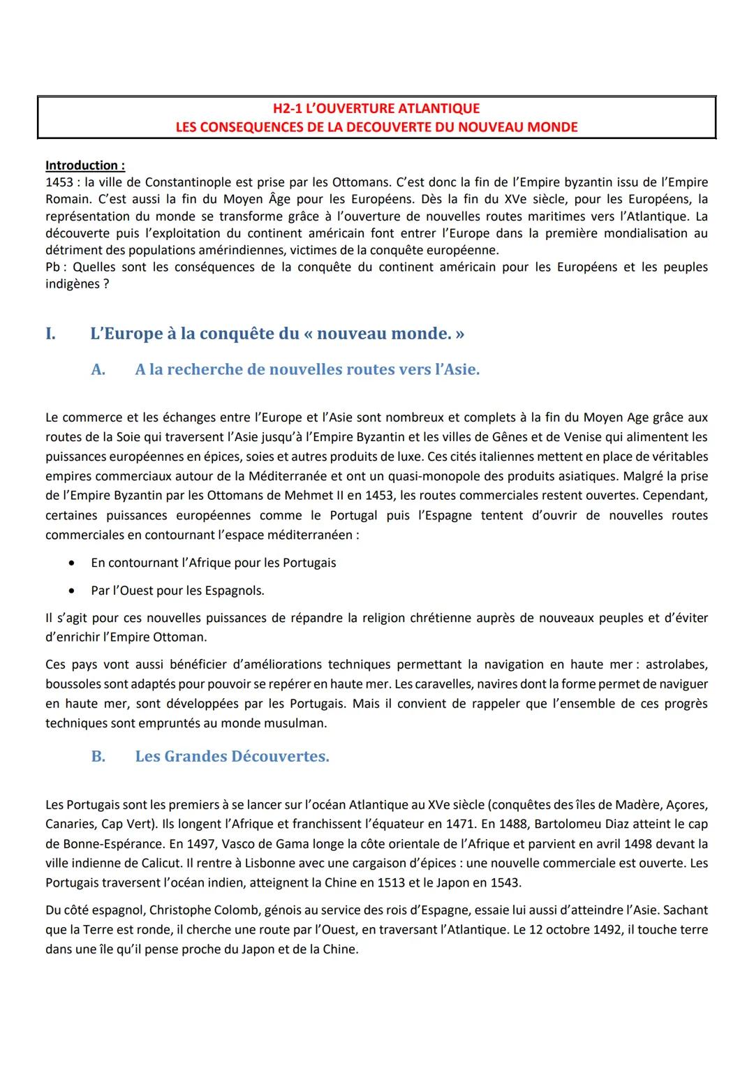 H2-1 L'OUVERTURE ATLANTIQUE
LES CONSEQUENCES DE LA DECOUVERTE DU NOUVEAU MONDE
Introduction :
1453: la ville de Constantinople est prise par