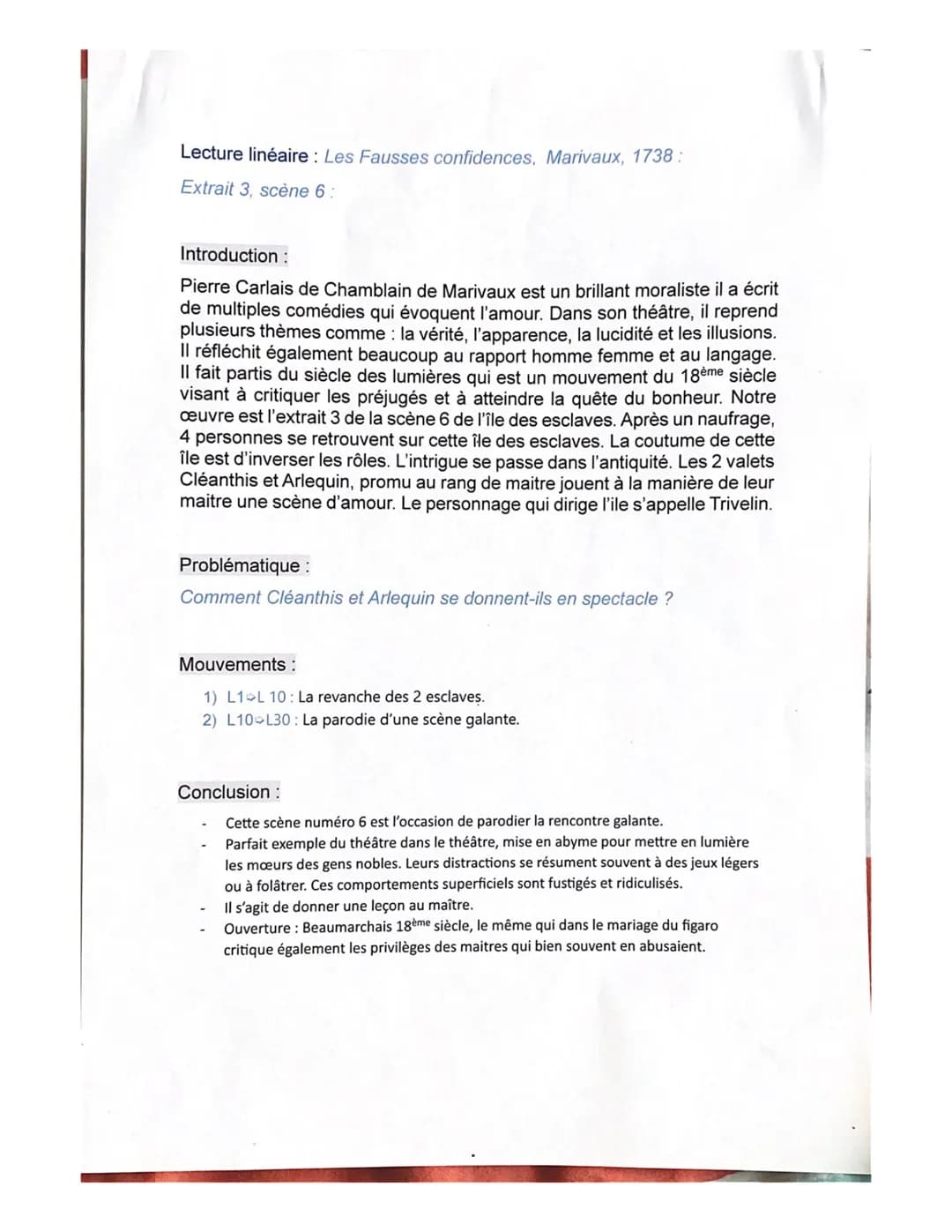 Lecture linéaire : Les Fausses confidences, Marivaux, 1738:
Extrait 3, scène 6:
Introduction :
Pierre Carlais de Chamblain de Marivaux est u