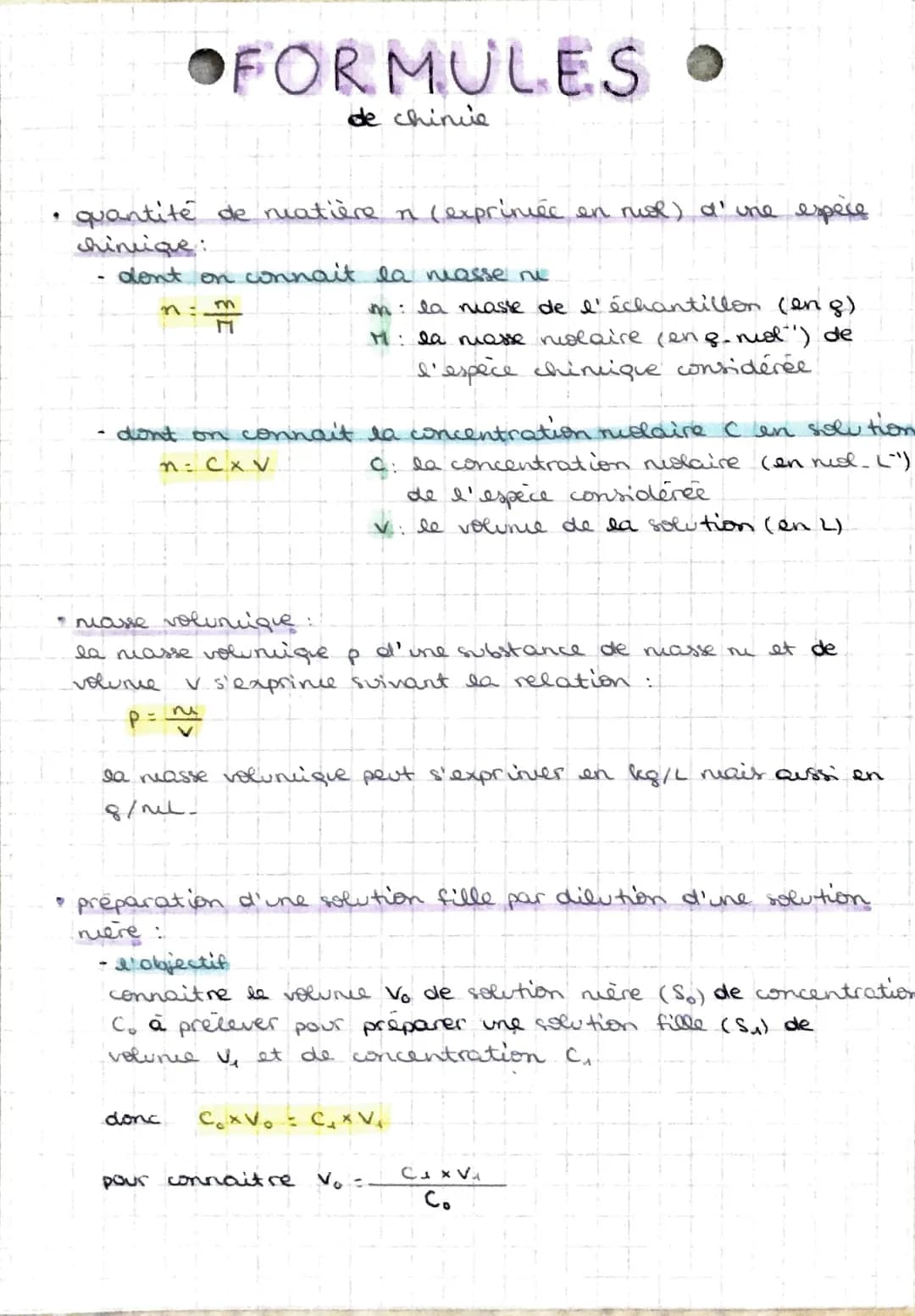 quantité de matière n (exprimée en riol) d'une espèce
chimique:
dont on connait la masse ni
m
FORMULES •
de chinuie
don't on connait la conc
