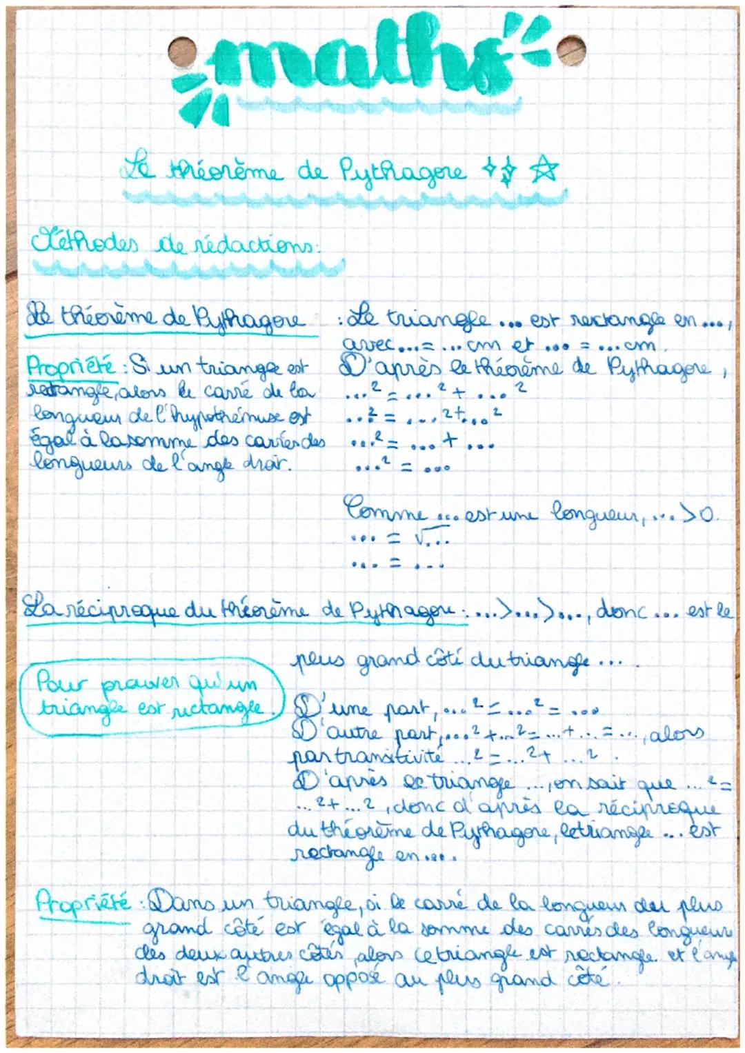 maths
Le théorème de Pythagore +*☆
Kéthodes de rédactions.
de théorème de Pythagore : Le triangle... est rectangle en...
avec...=...am et ..