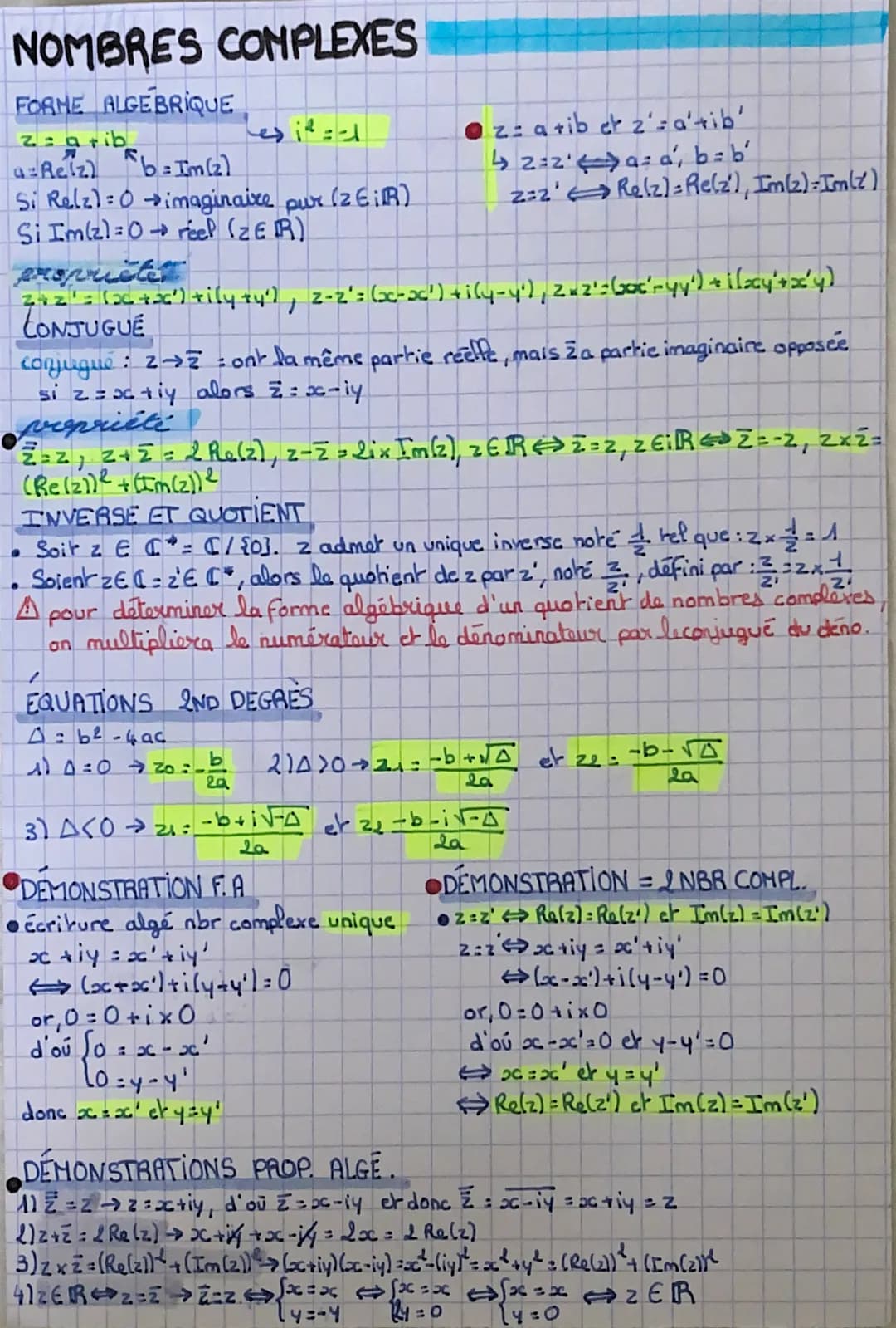 NOMBRES COMPLEXES
FORME ALGEBRIQUE
2= grib
a=Reiz) "b=Im(z)
Si Relz): 0 →imaginaire pur (ZER)
Si Im(z)=0 reel (ZER)
propricter
3+2²= (x6 +26