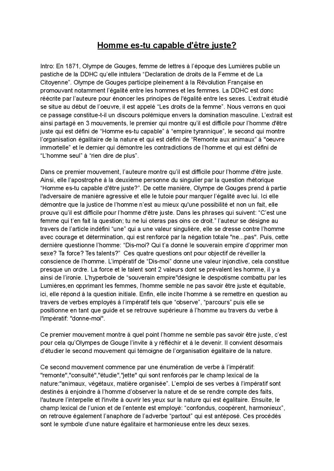 Pourquoi choisir Olympe de Gouges au bac ? Analyse linéaire "Homme es-tu capable..."