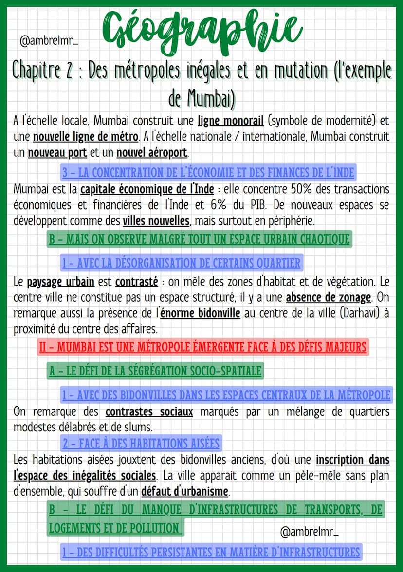 Géographie
@ambrelmr_
Chapitre 2: Des métropoles inégales et en mutation (l'exemple
de Mumbai)
5 km
OCEAN
→ Mumbai est peuplée d'environ 20
