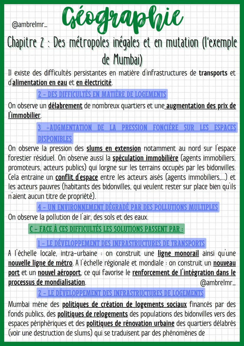 Géographie
@ambrelmr_
Chapitre 2: Des métropoles inégales et en mutation (l'exemple
de Mumbai)
5 km
OCEAN
→ Mumbai est peuplée d'environ 20
