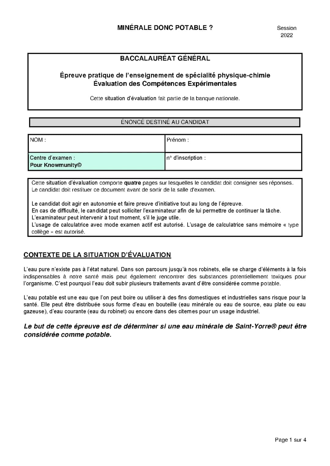 Correction ECE Physique-Chimie - Eau Potable et Normes PDF 2024