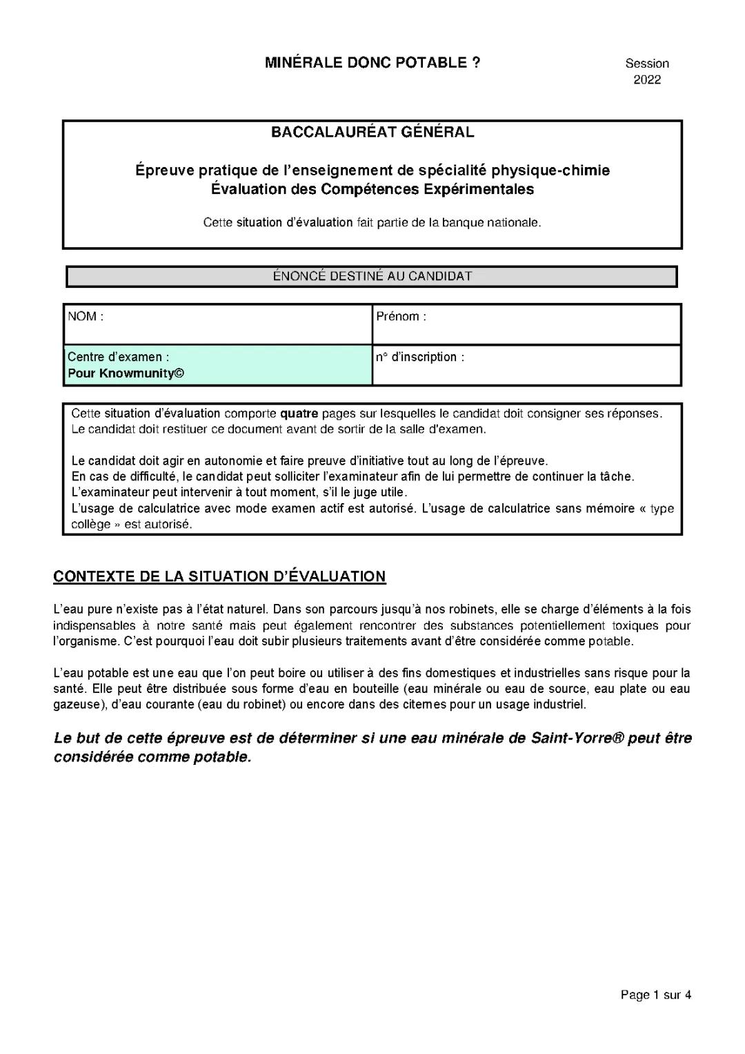 Correction ECE Physique-Chimie - Eau Potable et Normes PDF 2024