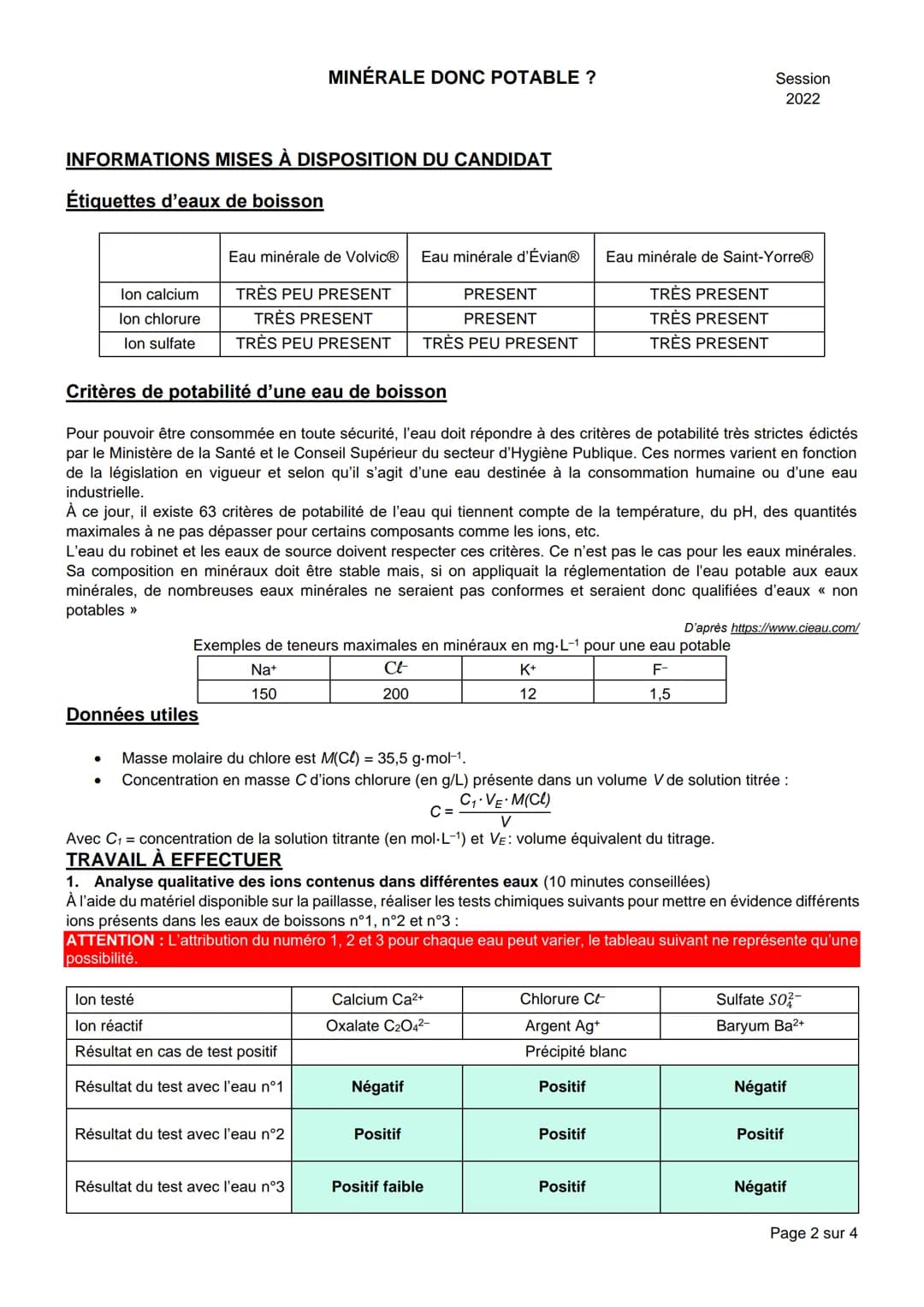 NOM:
MINÉRALE DONC POTABLE ?
BACCALAURÉAT GÉNÉRAL
Épreuve pratique de l'enseignement de spécialité physique-chimie
Évaluation des Compétence