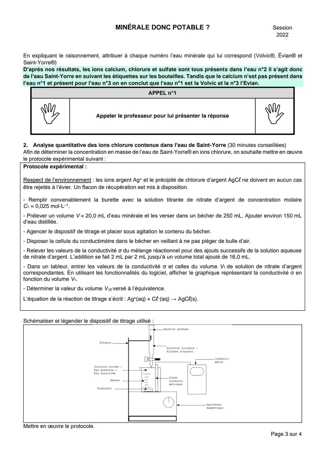 NOM:
MINÉRALE DONC POTABLE ?
BACCALAURÉAT GÉNÉRAL
Épreuve pratique de l'enseignement de spécialité physique-chimie
Évaluation des Compétence