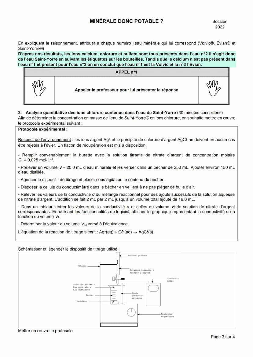 NOM:
MINÉRALE DONC POTABLE ?
BACCALAURÉAT GÉNÉRAL
Épreuve pratique de l'enseignement de spécialité physique-chimie
Évaluation des Compétence