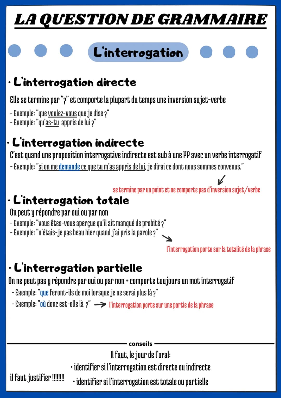 ●
●
L'interrogation directe
Elle se termine par "?” et comporte la plupart du temps une inversion sujet-verbe
- Exemple: "que voulez-vous qu