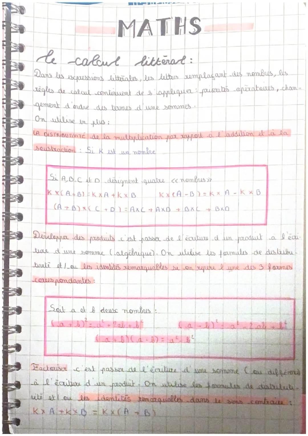 11
MATHS
le calcul litteral:
Dans les expressions litterales, les lettres remplaçant des nombres, les
règles de calcul continuent de s'appli