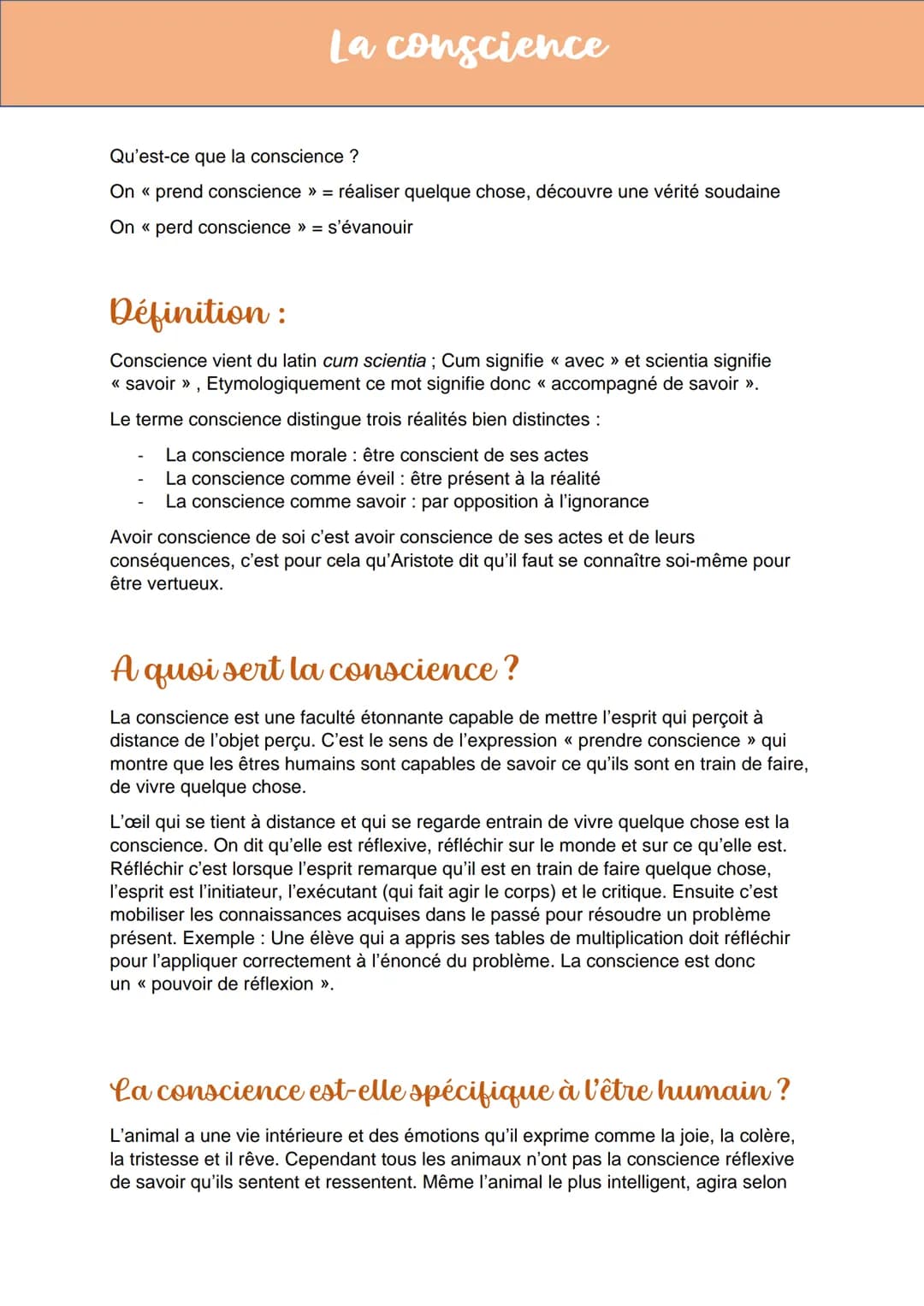 La conscience
Qu'est-ce que la conscience ?
On << prend conscience »> = réaliser quelque chose, découvre une vérité soudaine
On « perd consc