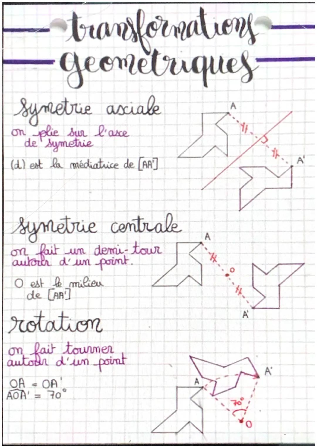 # transformations

# geomètriques

Symetrie asciale

on plie sur l'asce
de symetrie

(d) est la médiatrice de [AA]

symetrie centrale

on fa