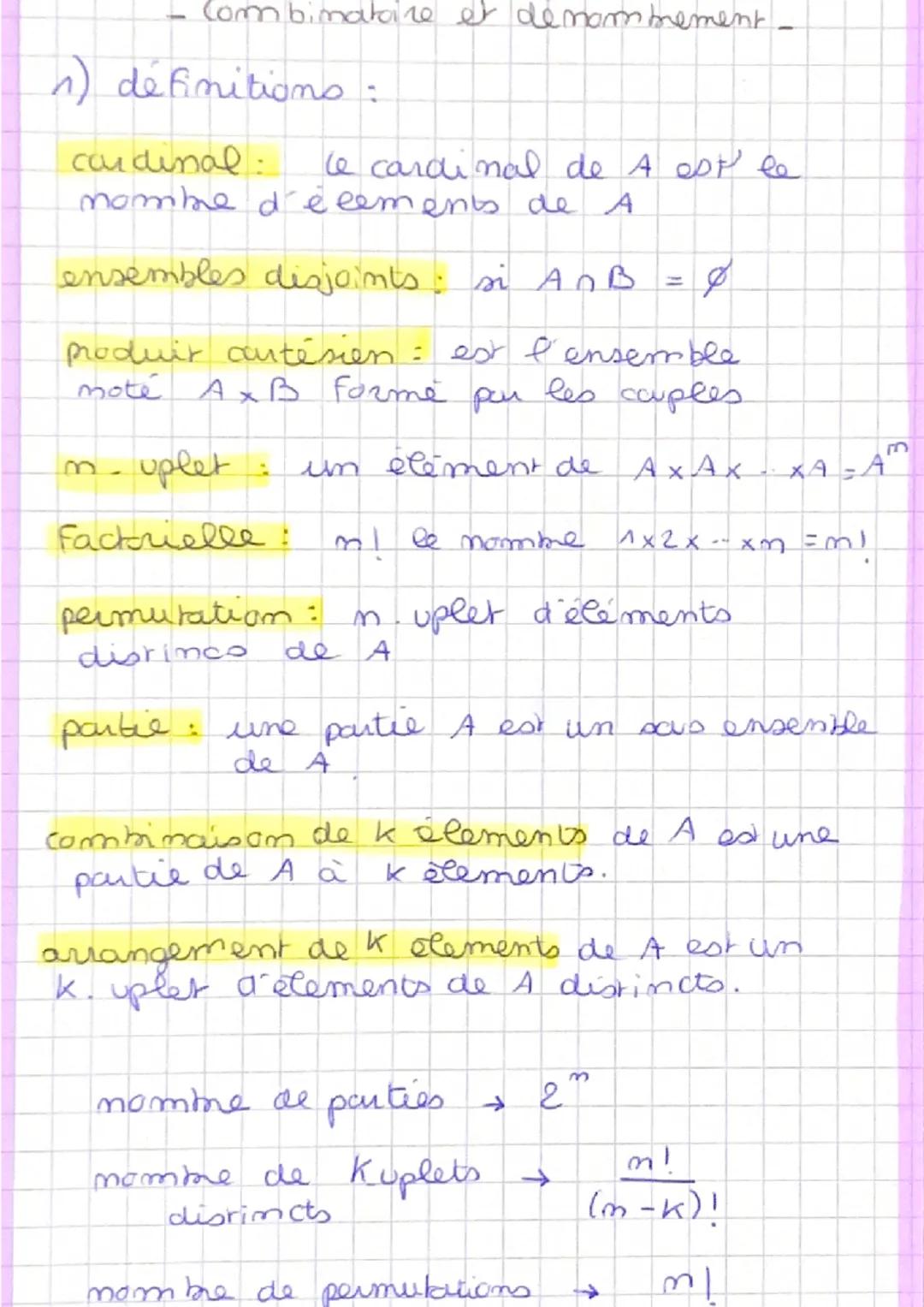 Combinatoire et de nombrement
n) définitions :
cardinal: le cardinal de A est le
nombre d'elements de A
ensembles disjoints: si AB
produir a