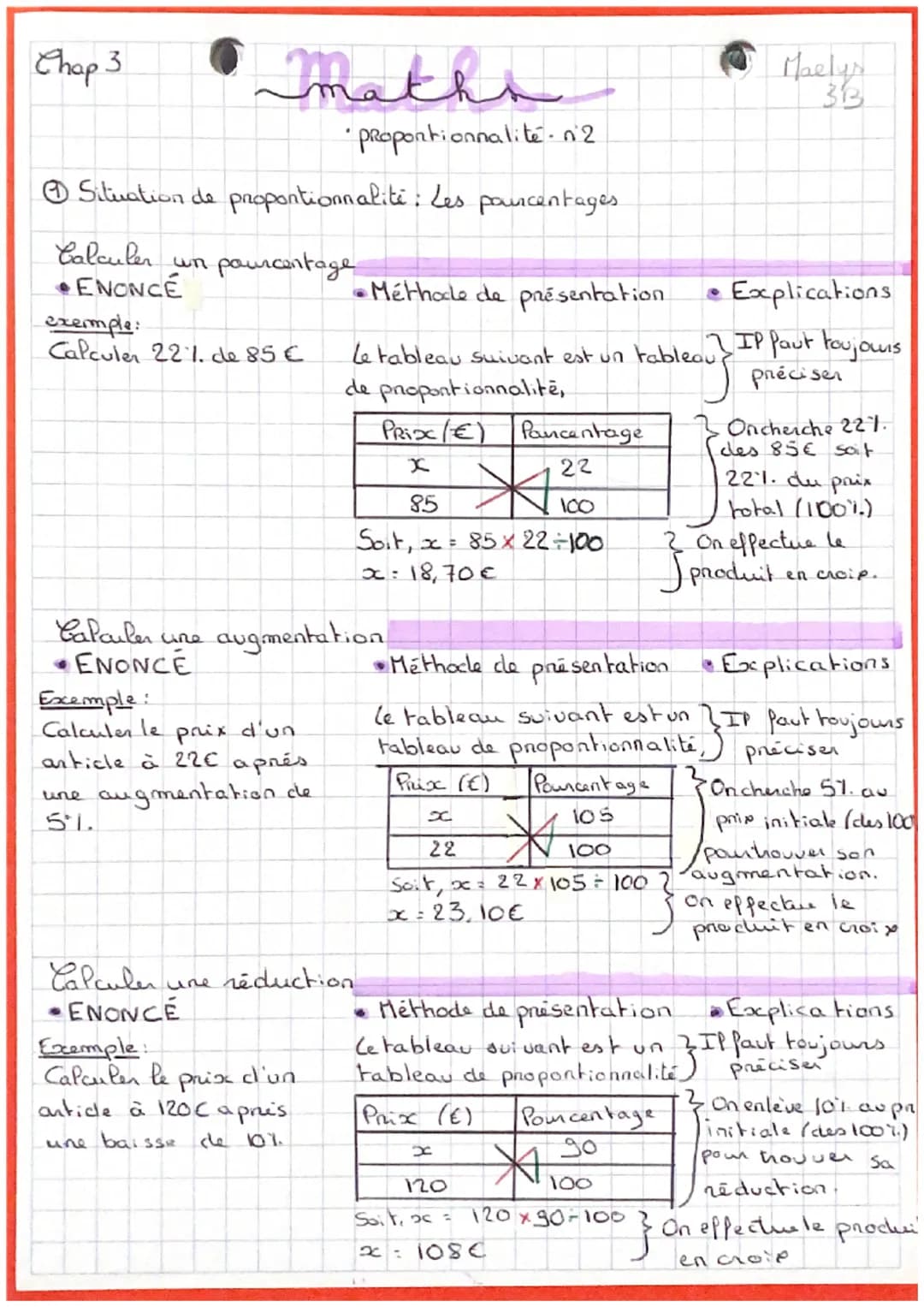 Chap 3
• proportionnalité n'2
Ⓒ Situation de proportionnalité: Les pourcentages
un pourcentage
Calculer
ENONCÉ
exemple:
Calculer 22%. de 85 