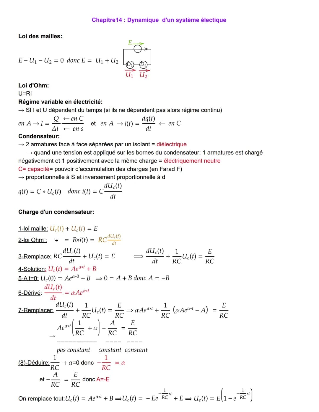 Loi des mailles:
E-U₁ - U₂ = 0 donc E = U₁ + U₂
Loi d'Ohm:
U=RI
en A→I =
Régime variable en électricité:
→ SI I et U dépendent du temps (si 