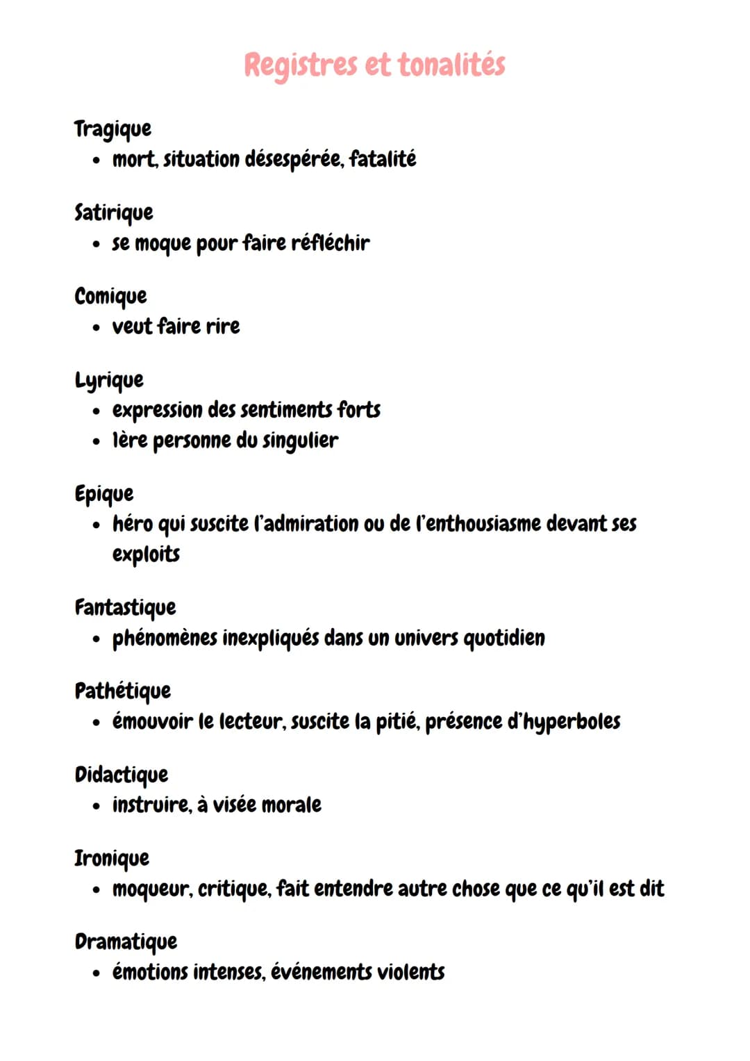 Registres et tonalités
Tragique
•
mort, situation désespérée, fatalité
Satirique
• se moque pour faire réfléchir
Comique
• veut faire rire
L