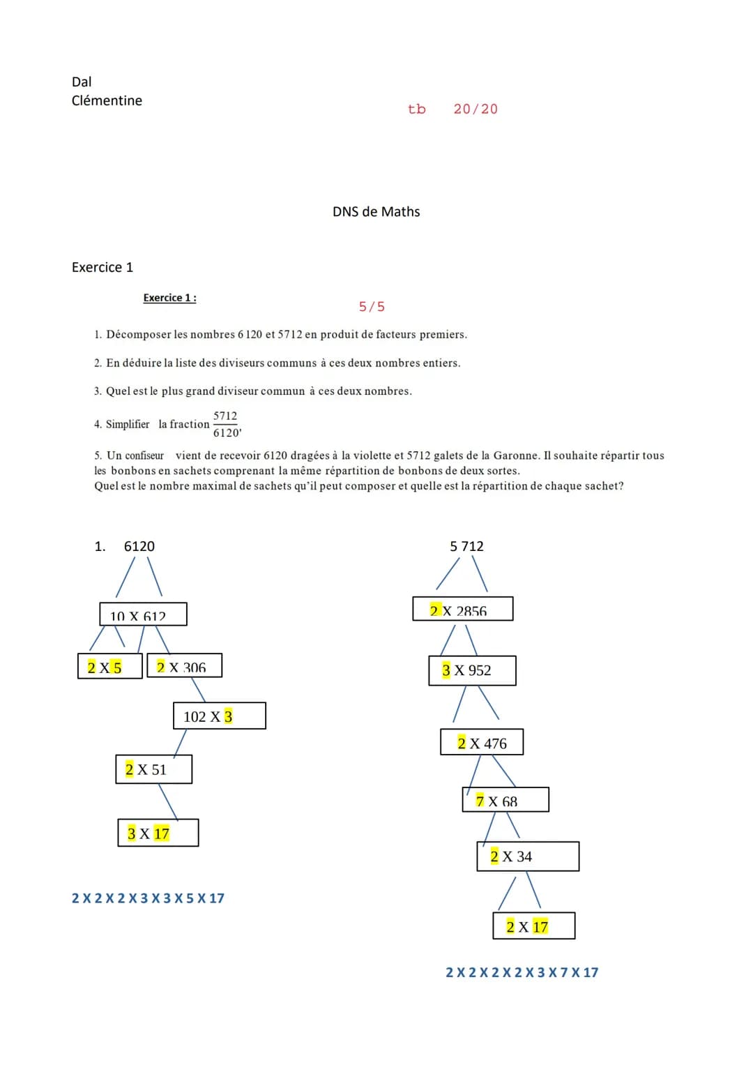 Dal
Clémentine
Exercice 1
Exercice 1:
1.
5/5
1. Décomposer les nombres 6 120 et 5712 en produit de facteurs premiers.
2. En déduire la liste
