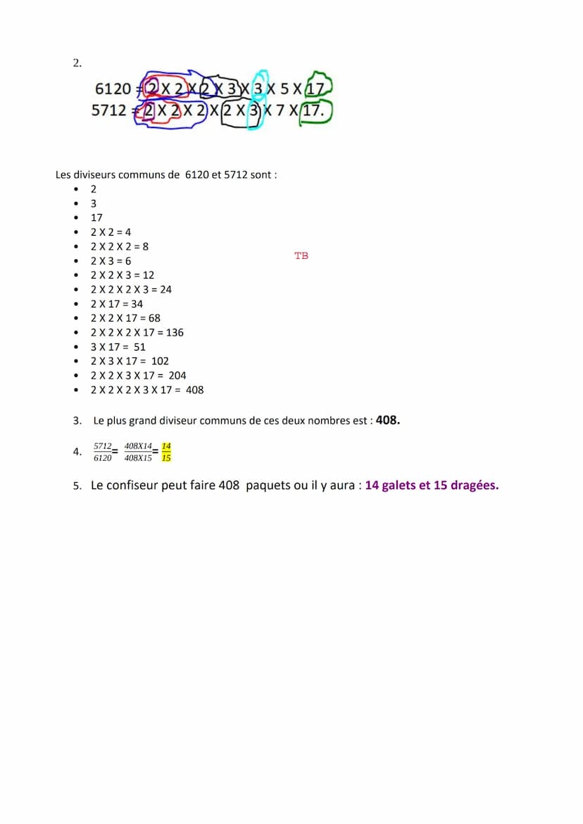 Dal
Clémentine
Exercice 1
Exercice 1:
1.
5/5
1. Décomposer les nombres 6 120 et 5712 en produit de facteurs premiers.
2. En déduire la liste
