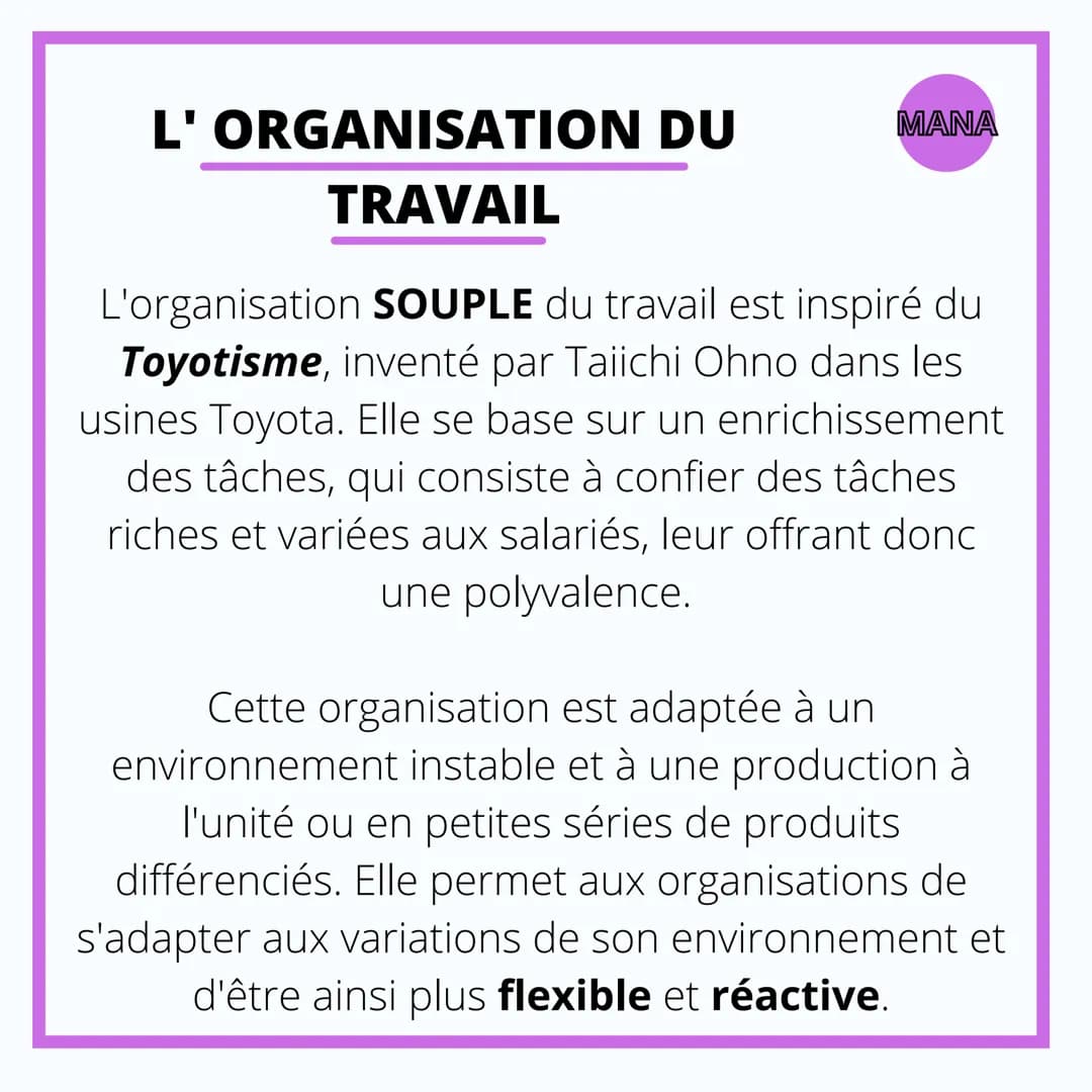MANAGEMENT
L'ORGANISATION ET
LA COORDINATION
DU TRAVAIL L' ORGANISATION DU
TRAVAIL
MANA
L'organisation RIGIDE du travail se caractérise
par 