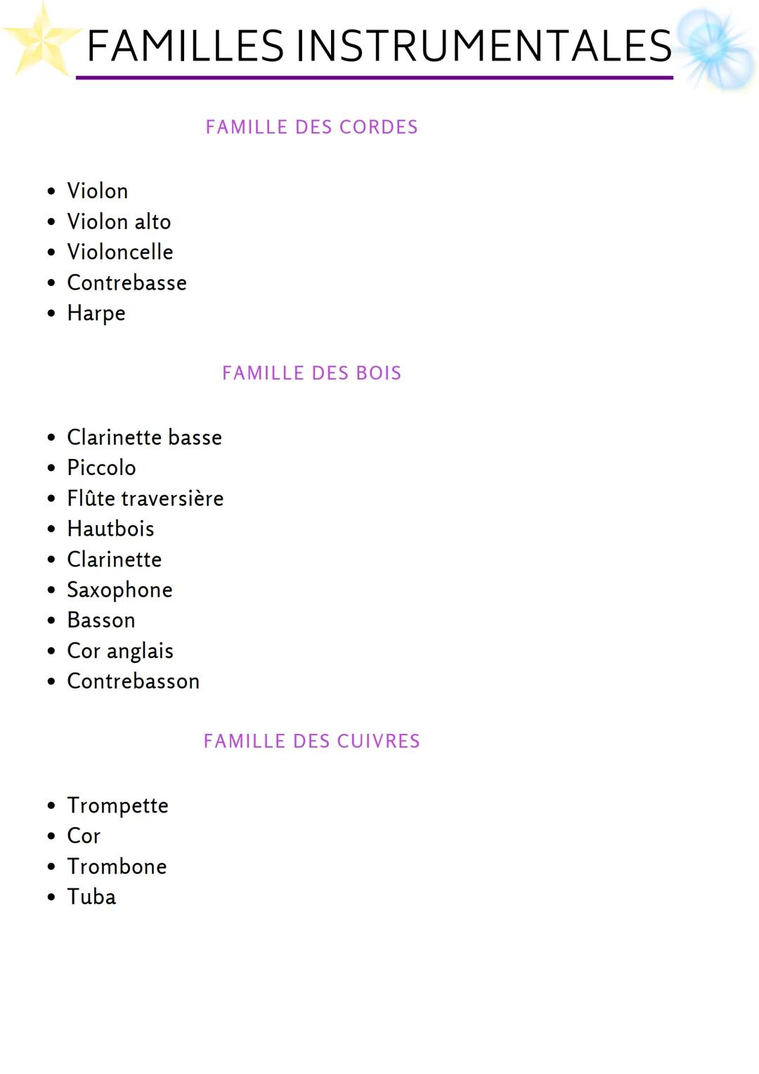 FAMILLES INSTRUMENTALES
• Violon
• Violon alto
• Violoncelle
• Contrebasse
Harpe
• Clarinette basse
• Piccolo
• Hautbois
• Clarinette
Saxoph
