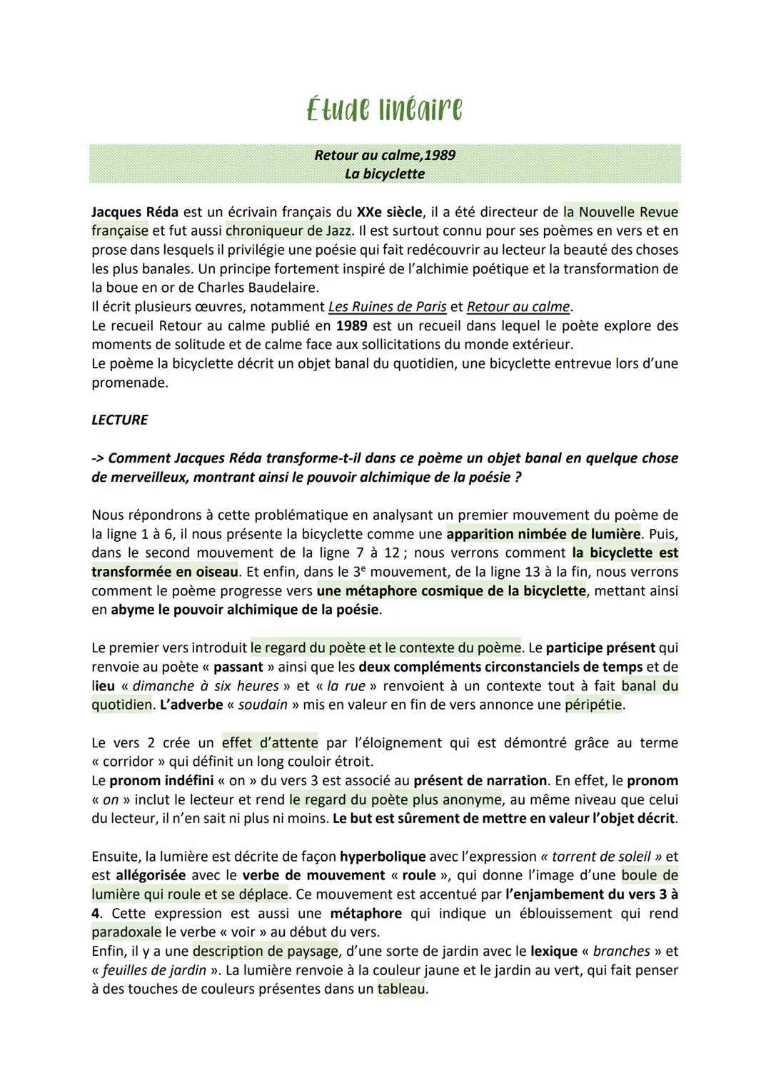 # Étude linéaire

Retour au calme, 1989
La bicyclette

Jacques Réda est un écrivain français du XXe siècle, il a été directeur de la Nouvell