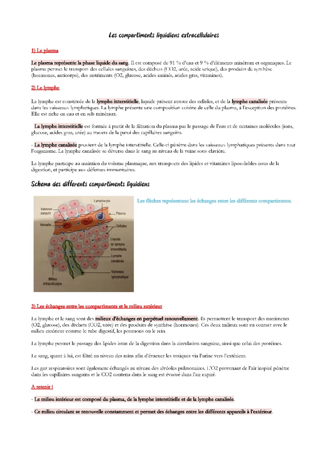 Le Milieu Intérieur et les Compartiments Liquidiens - Cours PDF et Schéma SVT
