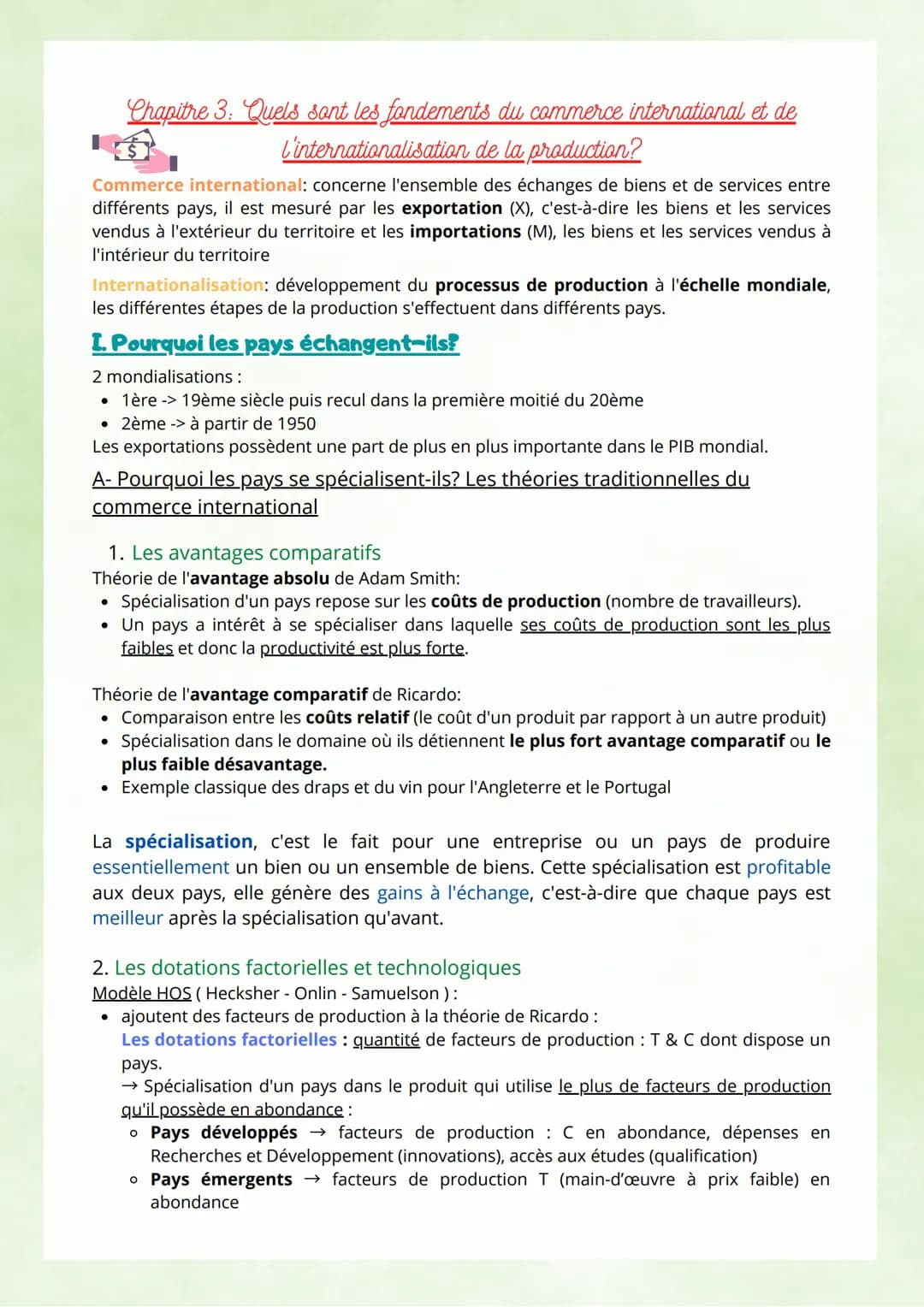 Commerce international: concerne l'ensemble des échanges de biens et de services entre
différents pays, il est mesuré par les exportation (X
