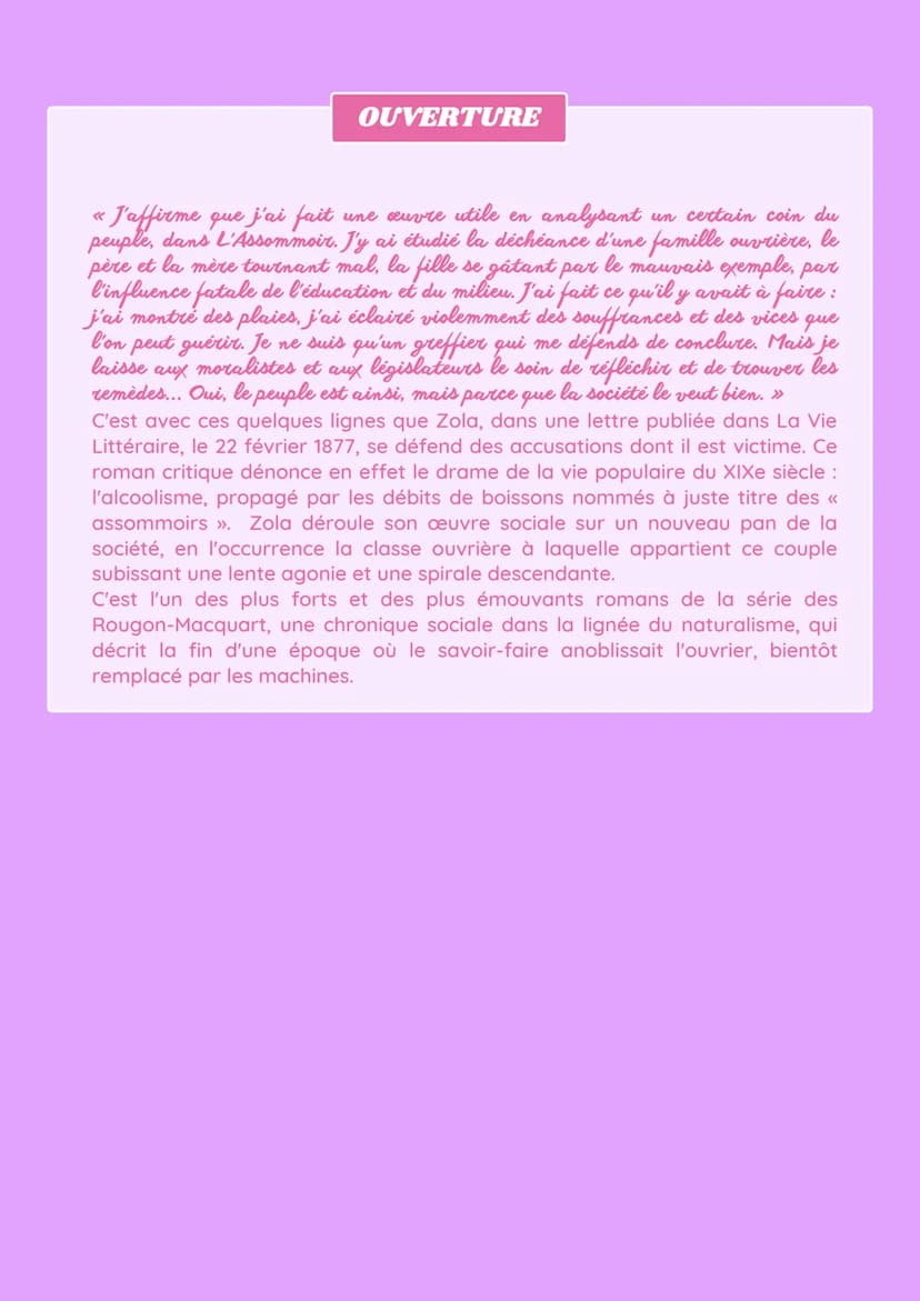 L'ASSOMOIR
ÉMILE ZOLA
INTRODUCTION
• AMORCE
Emile Zola est un écrivain français
engagé, fondateur du naturalisme, dont
l'œuvre principale, l