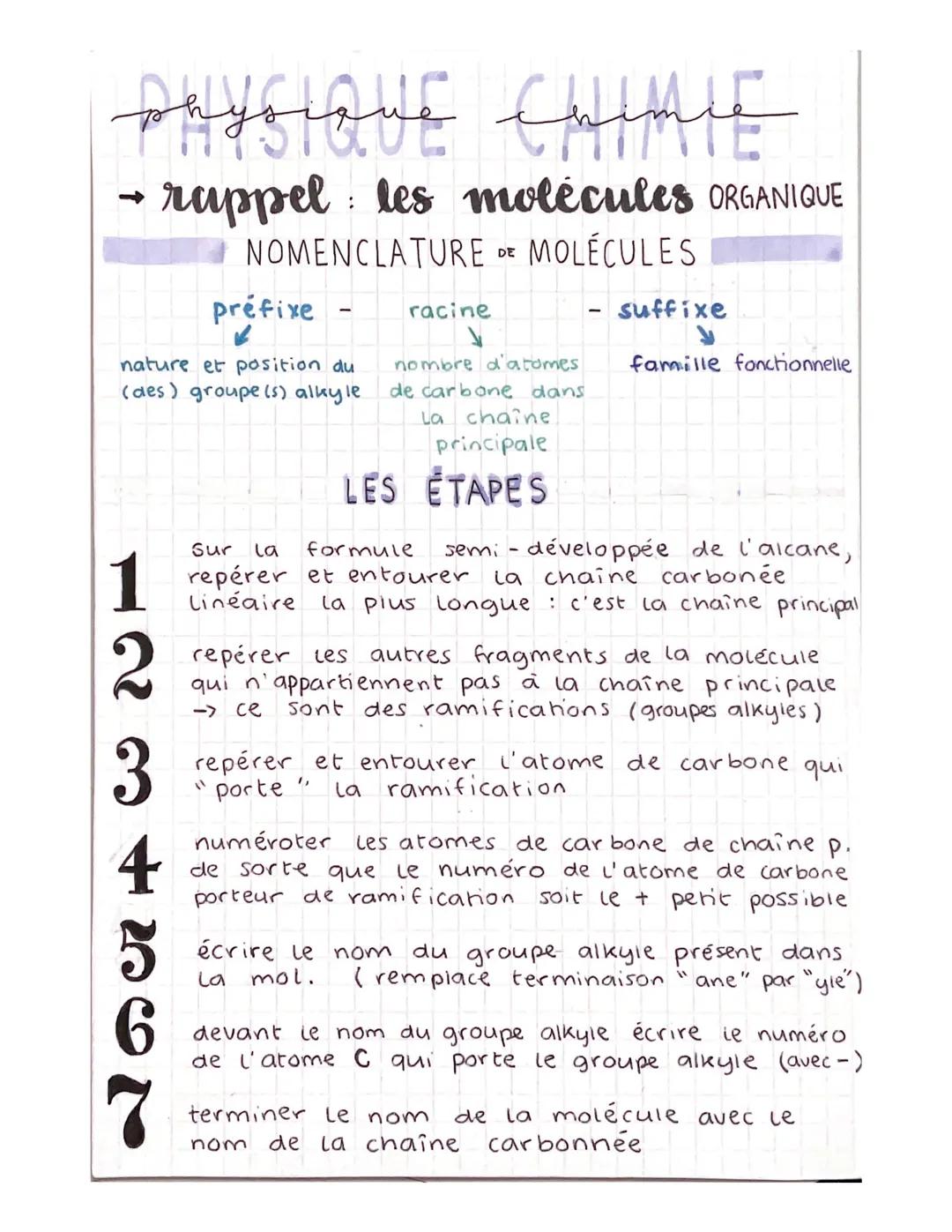 physique
DHYCLQUE CHIMIE
rappel les molécules ORGANIQUE
NOMENCLATURE DE MOLÉCULES
préfixe
nature et position du
(des) groupe (s) alkyle.
3
: