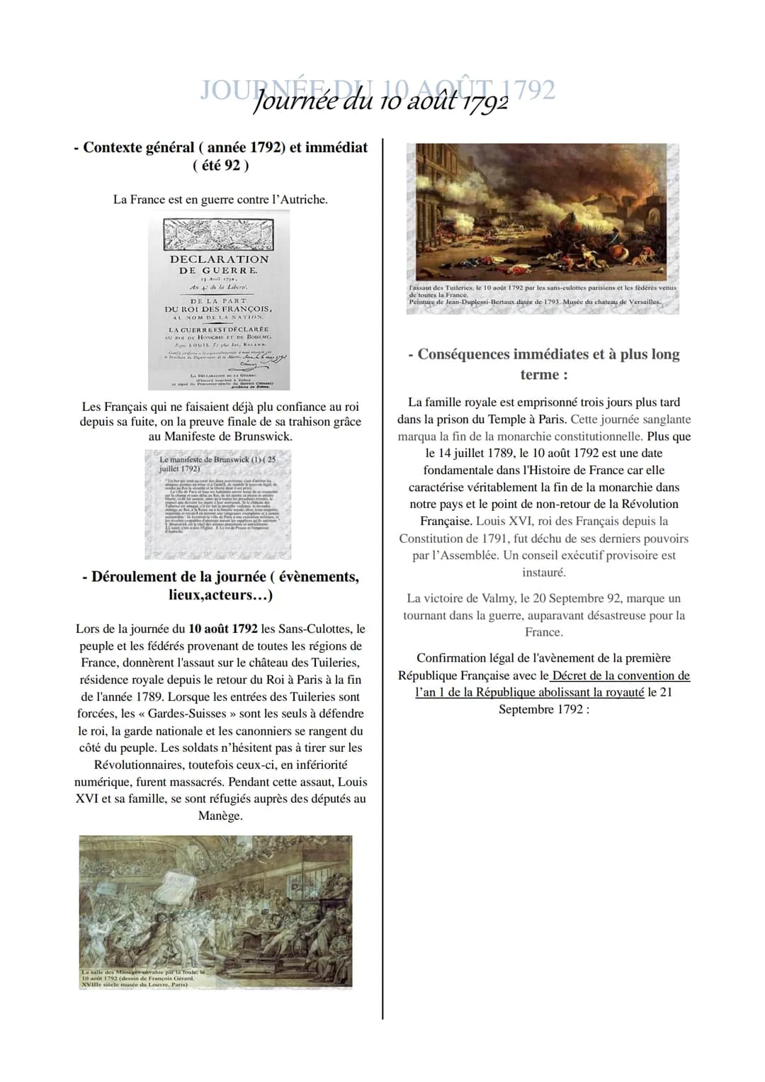 JOU Journée du 10 août 1792 792
- Contexte général (année 1792) et immédiat
( été 92 )
La France est en guerre contre l'Autriche.
DECLARATIO