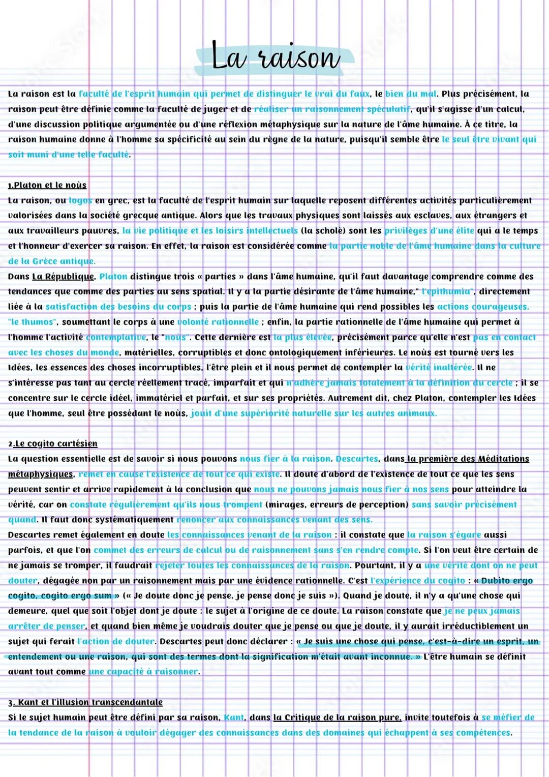 Fiche de révision philo Terminale PDF - La raison terminale : Cours sur la raison, Vérité de raison, Cogito ergo sum
