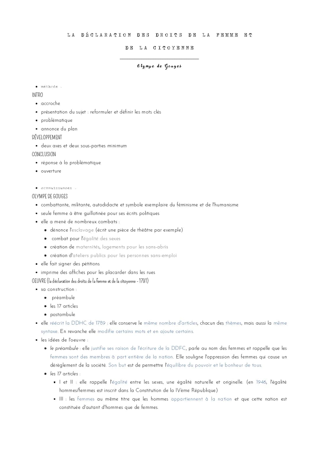 Méthodologie dissertation sur Olympe de Gouges - Sujets et exemples corrigés
