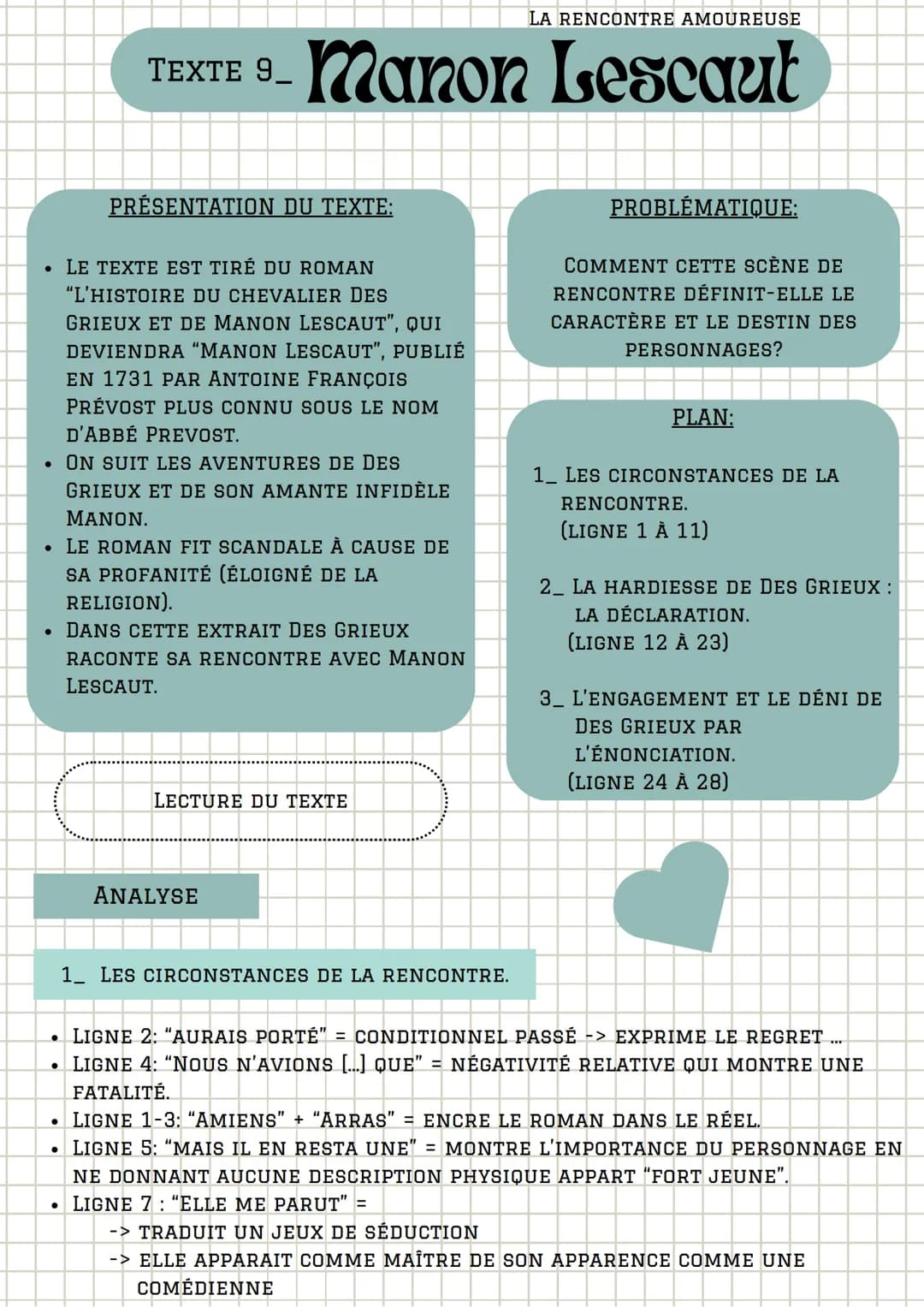 LA RENCONTRE AMOUREUSE
TEXTE 9. Manon Lescaut
PRÉSENTATION DU TEXTE:
LE TEXTE EST TIRÉ DU ROMAN
"L'HISTOIRE DU CHEVALIER DES
GRIEUX ET DE MA