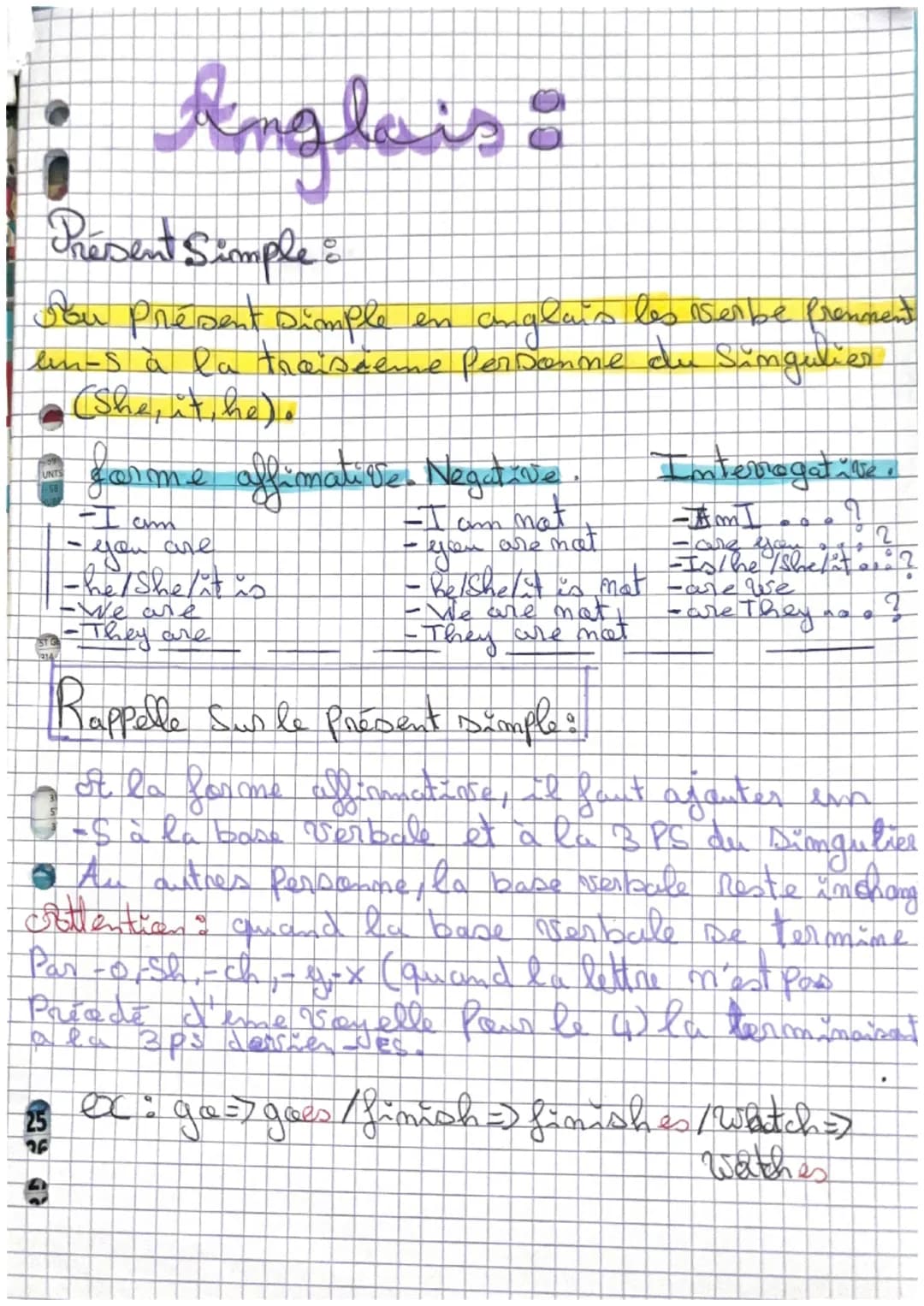 1: Anglais :
Présent Simple
You présent Dimple en anglais les serbe fremment
un-s à la troisieme personne du Singulier
• (She, it, he).
UNTS